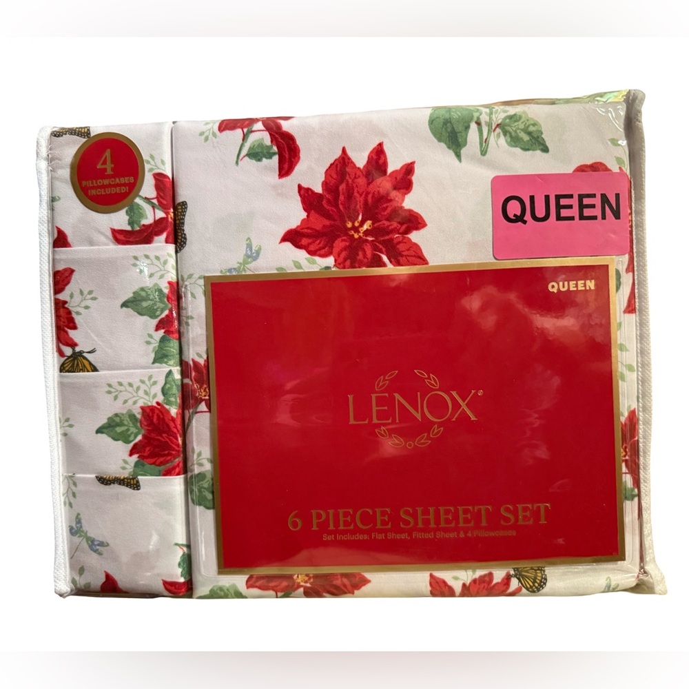 Lenox NWT 6 Pc Luxury Red & White Poinsettia Floral Queen Size Sheet Set